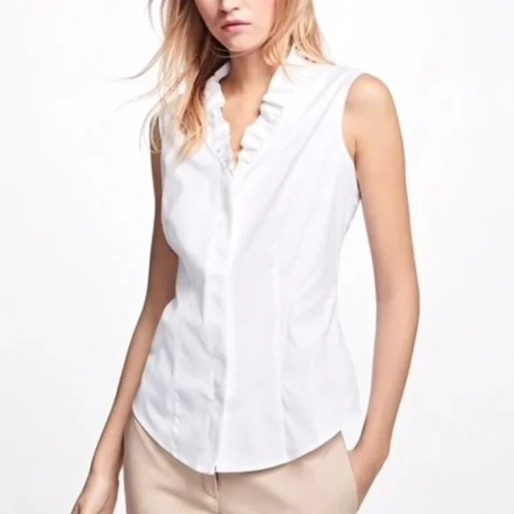 Brooks Brothers White Cotton Sleeveless Button Front Blouse Ruffle Size 2